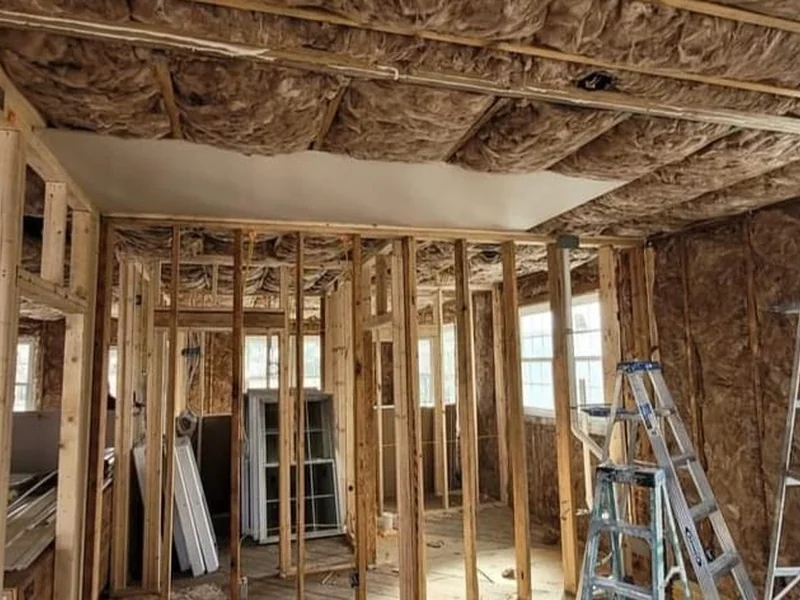 Interior renovation with exposed framing and ladders